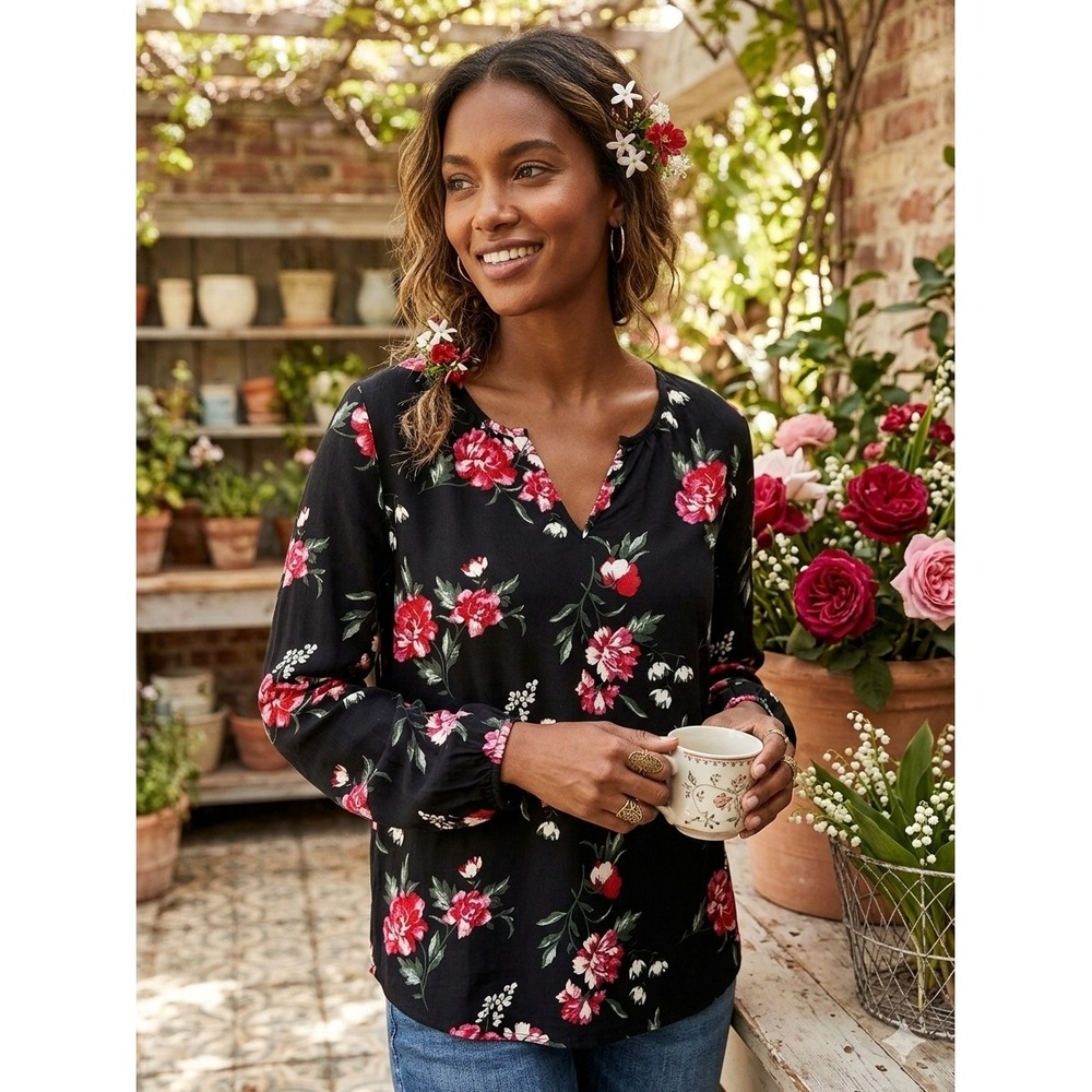 Old Navy Womens XL Black Floral‎ Long Sleeve Split Neck Blouse Rayon Top